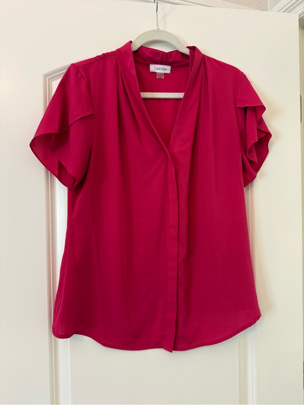 Calvin Klein Bright Pink V-Neck Flutter Sleeve Blouse